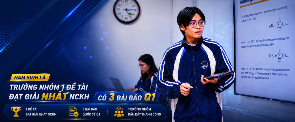 Nam sinh là trưởng nhóm 1 đề tài đạt giải Nhất NCKH của Trường Quốc tế, đã có 3 bài báo Q1