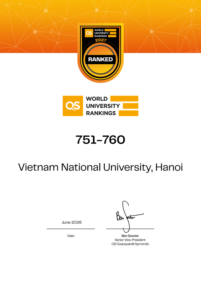 QS WUR Official Certificate for VNU